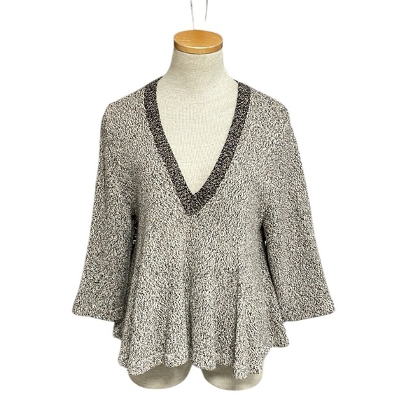 APIECE APART Sweater Deep Plunging V-neck Brown Marled Peplum Hem Size Medium - Picture 2 of 13